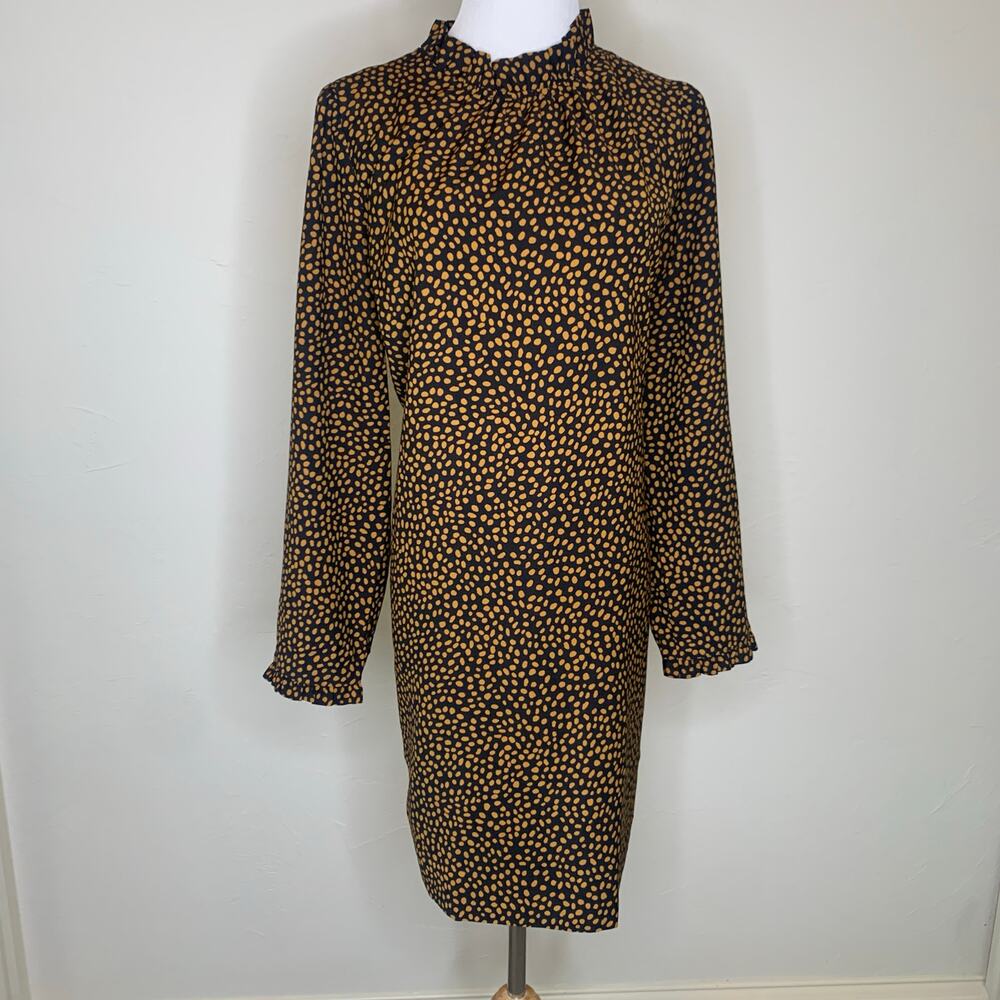 J. Crew Black Camel Dotted High Neck Dress Ruffle Sz 6